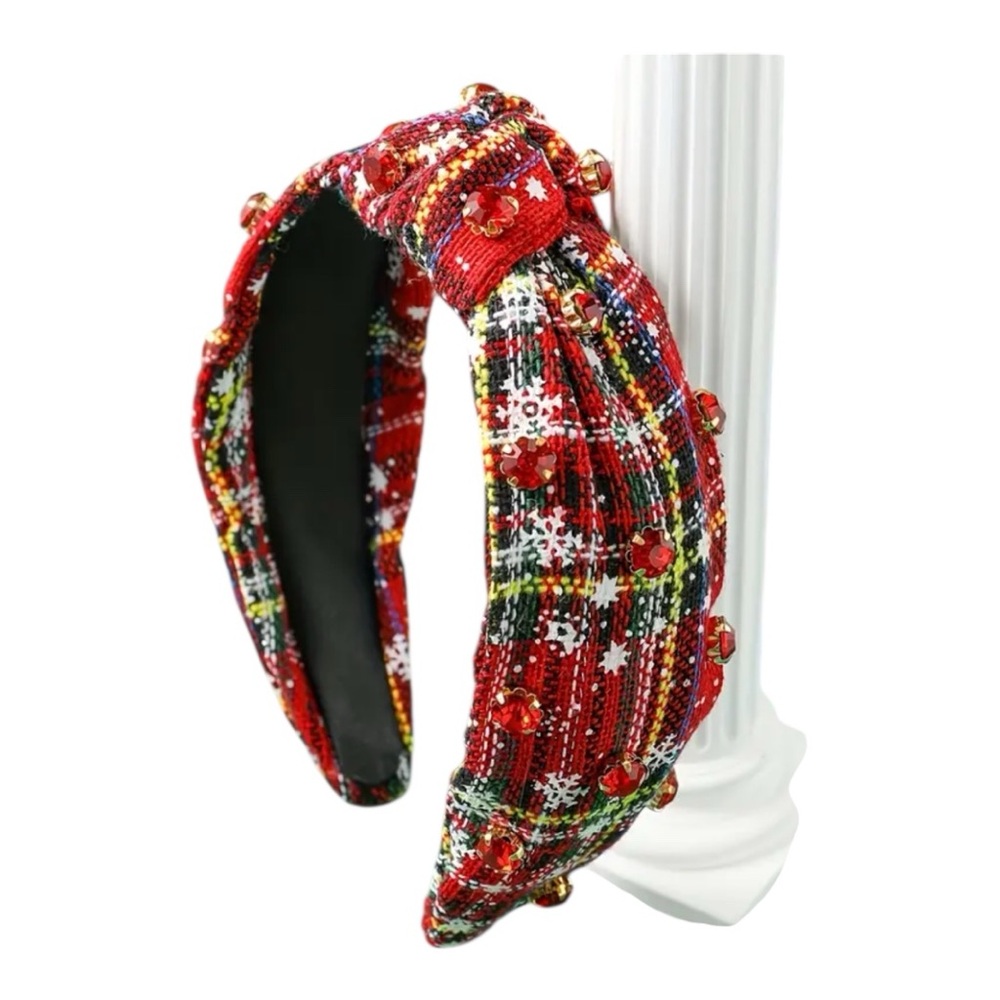 Red Plaid Holiday Knot Beaded Headband sparkle gems